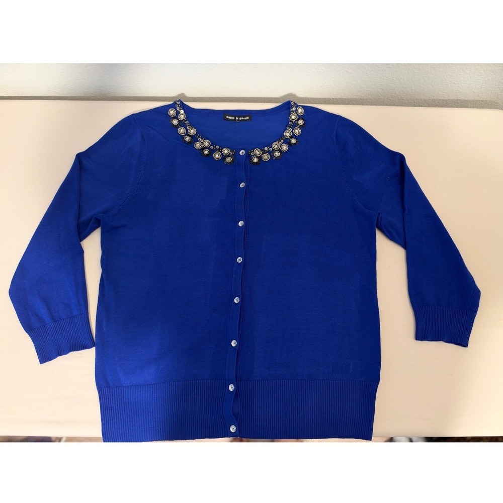 Cable & Gauge Royal Blue Embellished Cardigan Sequin Bead Neckline Sweater L